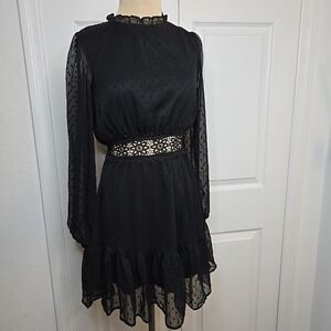 Heart & Heels Black dress Cut Out transparent sleeve polka dots eyelet M Ruffle‎